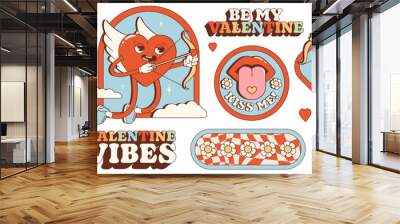 Groovy hippie love sticker set. Retro happy Valentines day. Comic happy heart character in trendy retro 60s 70s cartoon style. Retro characters and elements.	 Wall mural