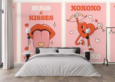 Groovy lovely hearts retro posters set. Love concept. Happy Valentines Day.  Trendy retro 60s 70s cartoon style. Card, postcard, print. Wall mural