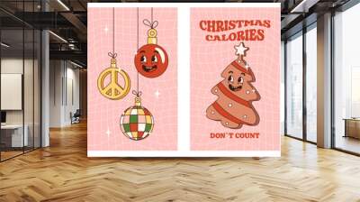 Trendy christmas groovy poster set with retro cartoon characters and elements. Hot cocoa and christmas movies, ho-ho-ho, christmas calories dont count. Vibes 70s. 
Stories template, postcard, poster. Wall mural