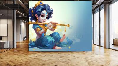 Krishna playing the flute, blue background, Generative AI Wall mural