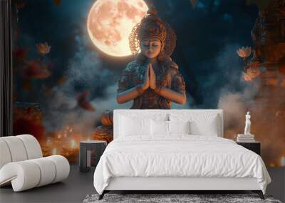 Lakshmi statue in meditation under the full moon, surrounded by Diwali lights and smoke, Dhanteras Wall mural