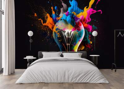 Light bulb with explosion of color and splashes of paint on black background. Abstract concept of creative thinking.  Generative AI   Wall mural