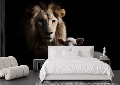 Lion and Lamb together on a black background. Two aspects of the nature of Jesus Christ, Generative AI 1 Wall mural