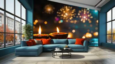 Lit oil lamps and fireworks illuminate the Diwali night sky Wall mural