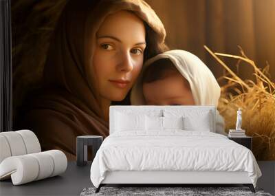 Mary and her newborn in a manger, symbolizing the Nativity of Jesus Wall mural