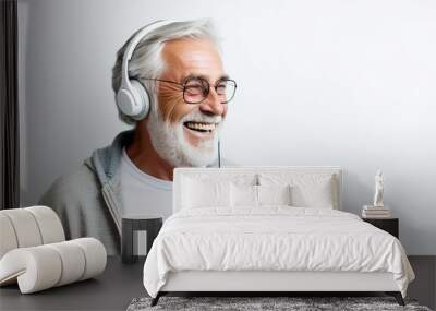 Mature man listening musical track in headphones on white background Wall mural