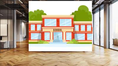 Front view of a classic school building with big windows and doors. Flat, cartoon style vector illustration. Elementary or high school architecture with trees and shrubs. Wall mural