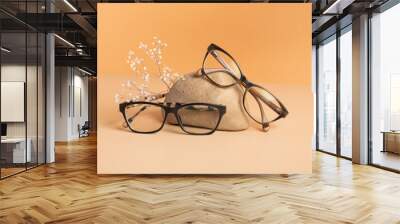 Nature stone with eyeglasses on colored background. Optical store, vision test, stylish glasses concept Wall mural