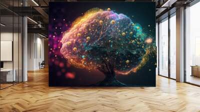 Neural network 3D illustration, big data and cybersecurity, data stream, global database and artificial intelligence, bright, colorful background with bokeh effect Wall mural