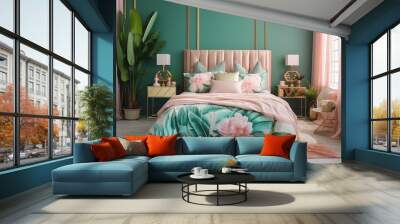 A luxurious bedroom featuring a plush teal headboard, pink bedding, and elegant decor details design interior mockup Wall mural