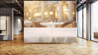 Empty product placement mockup of a white linen-covered table in a luxurious restaurant, with folded napkins and a blurred warm, inviting background, perfect for dining ambiance. Wall mural