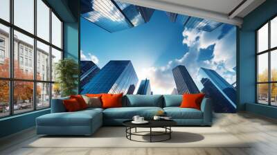 High glass tall building skyscrapers from the ground above view with blue sky and sun, office exterior design. Wall mural