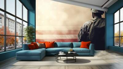 Military male soldier with the USA flag copy space background Memorial National Day, Veterans Day banner.  Wall mural