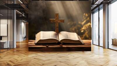 Open holy bible with a wooden cross catholic orthodox education faith book easter second coming Jesus Christ resurrection.  Wall mural