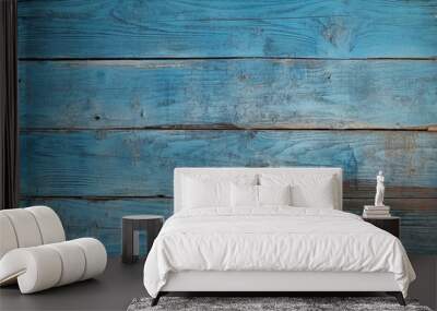 Rustic blue bright old antique grunge wooden texture tree plank wood background panorama copy space mockup banner handmade vintage fence. Wall mural