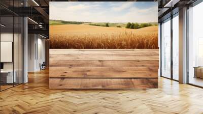 Rustic wooden tabletop with a blurred background of a lush wheat field under a clear sky mockup product display placement.  Wall mural