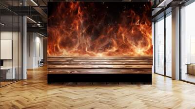 Wooden empty restaurant rustic table on a fire flame burning background for burgers, steak house spicy ingredient mockup banner copy space.  Wall mural