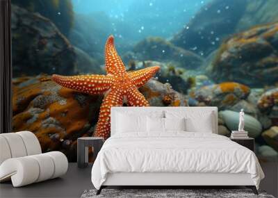 Orange sea star in clean underwater ocean Wall mural