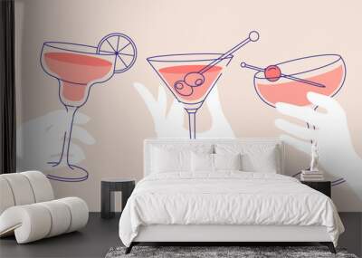 Outline drawing, cheers. Women’s hands holding glasses of margaritas and martini. Flat illustration for greeting cards, postcards, invitations, menu design. Line art template Wall mural