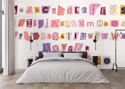 Set of colorful anonymous font. Magazine cutout alphabet. Cuts from newspaper. Letters on pieces of paper in different colors. Retro grunge criminal alphabet set. For anonymous message Wall mural