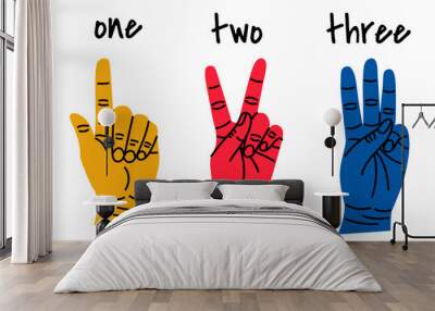 Set of colorful hands with different gestures and lettering. Hands show one, two, three. Hand drawn vector illustration isolated on white background. Modern trendy flat cartoon style. Wall mural