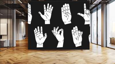 Set of white hands with different gestures. Modern trendy flat style. Hand drawn vector illustration. Hands show different signs and symbols. Body language for communication. On black background Wall mural