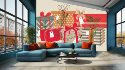 Pile of Christmas presents in wrapping paper with ribbon and bows. Stack of different presents for Christmas holiday. Variety of  giftboxes with tags. Flat vector illustration isolated on background. Wall mural