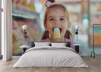 Portrait of beautiful child girl eating delicious ice cream Wall mural