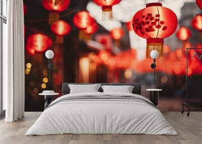 Red Chinese lanterns adorn the city streets, adding a festive glow to the New Year celebrations Wall mural