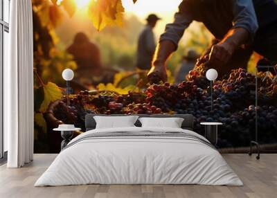 Ripe grape harvest in basket on sunset lights Wall mural