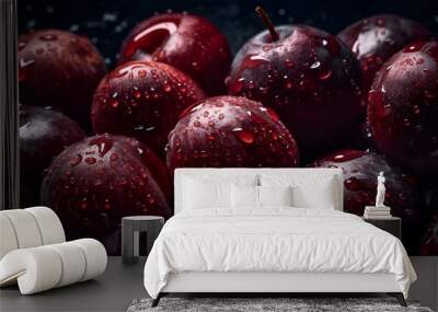 Ripe juicy red plums with water drops, Generative AI 1 Wall mural