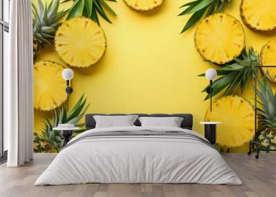 Ripe sliced pineapples on yellow background Wall mural