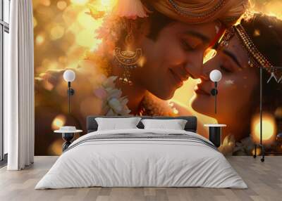 Romantic Indian wedding moment between bride and groom in golden light Wall mural