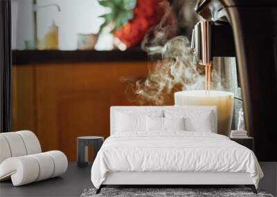 Close-up of coffee machine making steaming coffee on vintage kitchen. Picture of pouring coffee into a white mug. Early morning breakfast on rustic background, mockup (template) for designs Wall mural