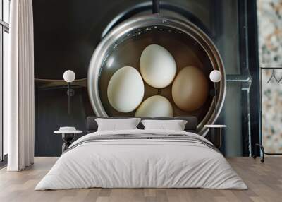 Saucepan with boiling eggs on gas stove Wall mural