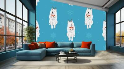 Seamless pattern with Christmas samoyed in hand drawn style. Background for wrapping paper, greeting cards and seasonal designs Wall mural