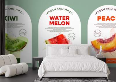 Set of 3 labels, packaging of fresh and juicy fruits. Natural organic product, gmo free. Text with watercolor realistic fruits on white base. Template for your product. Wall mural