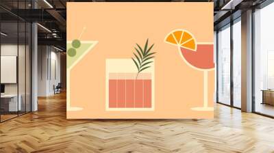 Set of cocktails. An illustration of classical drinks in different types of glasses. Vector illustration of summer cocktails. Banner with soft and alcohol drinks. Wall mural