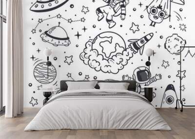 set of cosmos in doodle style: astronaut, planets, stars, ufo, rocket and alien, monster for design. Science space exploration. Vector illustration Wall mural