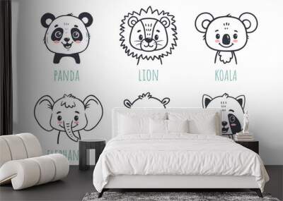 set of funny animals in cartoon style. Flat animals. Doodle illustration of hippo head, panda, koala, lion, raccoon, elephant  for cards, magazins, banners. Vector Wall mural