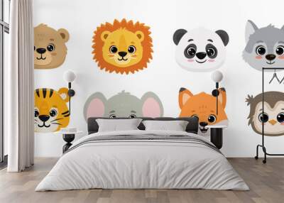 set of funny cartoon animals. Flat cute animals. Doodle illustration of panda head, lion, koala bear, elephant, hippo,tiger, fox,wolf and owl for cards, magazins, banners. Vector  Wall mural