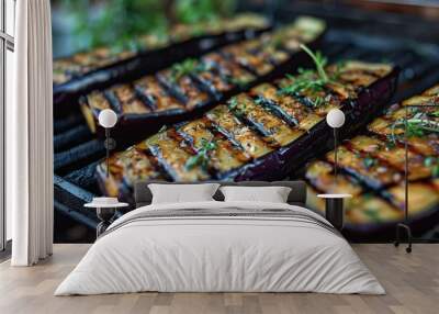 Slices of grilled eggplants on grill Wall mural