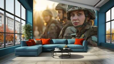 Soldier in military uniform on sunlights background Wall mural