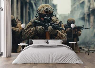 Soldier with assault rifle in military uniform is ready for storm in city streets Wall mural