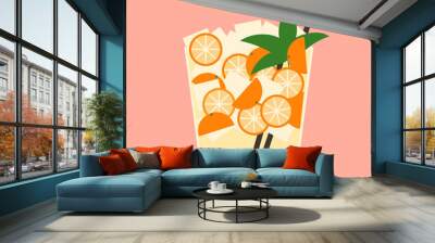 Summer cocktail in short glass with kumquat, mint and 2 straws. Refreshing tropical beverage. Bar summer menu. Colorful vector illustration of summer soft drink with ice and fruits  Wall mural