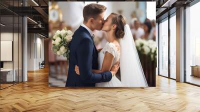 The groom kisses the bride in the church in front of the guests Wall mural