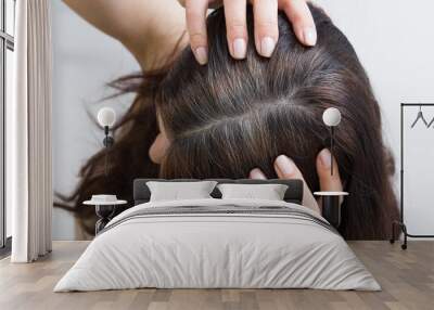 The woman shows gray hair on her head. Hair with fragments of gray hair, hair roots requiring dyeing Wall mural