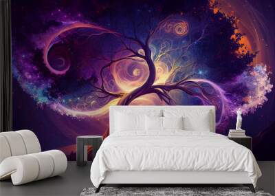 Tree of the universe on cosmic background. Abstract colorful fantasy art. Generative AI   Wall mural