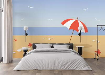 Beach umbrella on the seaside. Summer landscape. Flat lay of beach. Summer banner, greeting card, postcard, flyer. Wall mural