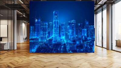 A cityscape is shown in blue with a lot of lights. The city is lit up and he is futuristic Wall mural